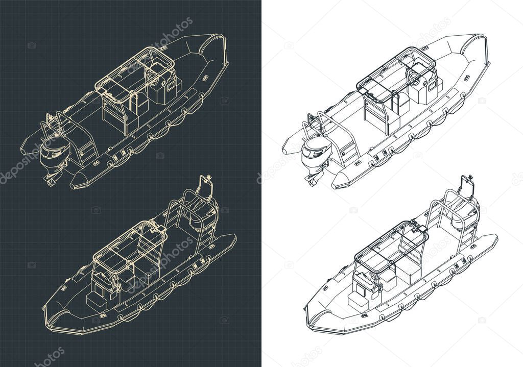Stylized vector illustration of rigid inflatable boat isometric drawings