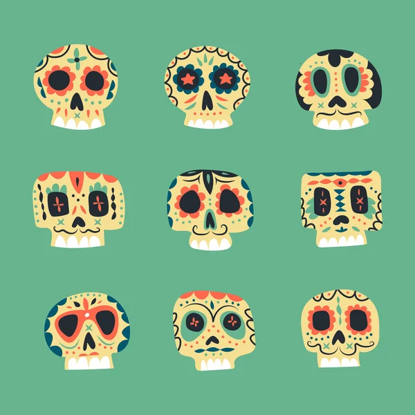 Vector cute ethnic Mexican skulls icons — Stock Vector