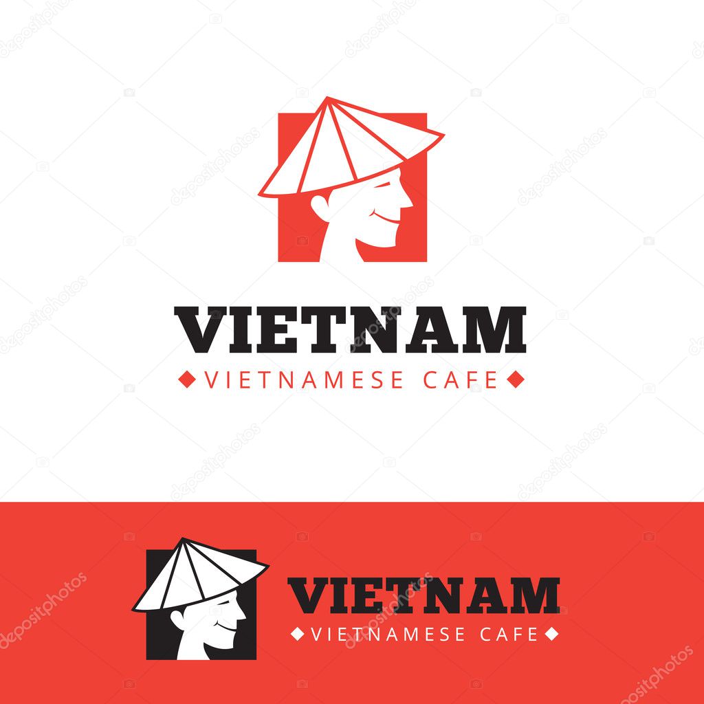Vector cute vietnam food restaurant logo. Asian fast food cafe logotype. Vienamese man head symbol