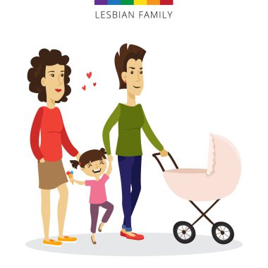 Vektör lezbiyen çift kavram seviyorum. İki kadın, kızı ve bebek beşiğine aile.