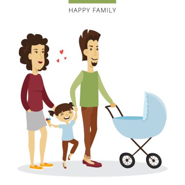 Vektör çift kavram seviyorum. Anne, kızı ve bebek beşiğine genç ailesi. Romantik illüstrasyon.