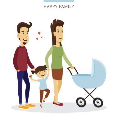 Vektör çift kavram seviyorum. Anne, kızı ve bebek beşiğine genç ailesi. Romantik illüstrasyon.