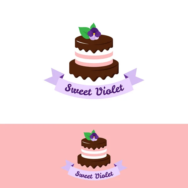 Vector lindo logotipo de pastel rosa con el chocolate y la flor violeta en la parte superior. Logo de la tienda de pastel de boda. Logo Tienda de dulces . — Archivo Imágenes Vectoriales