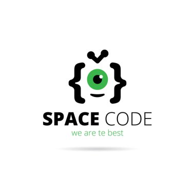 Web geliştirme studio logosu. Uzaylı maskot vektör logo kodlama