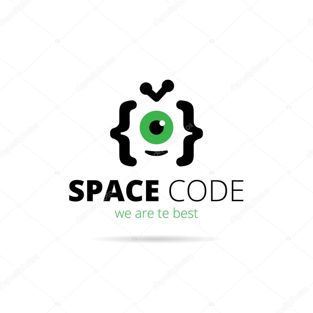 Web development studio logo. Alien mascot coding vector logotype