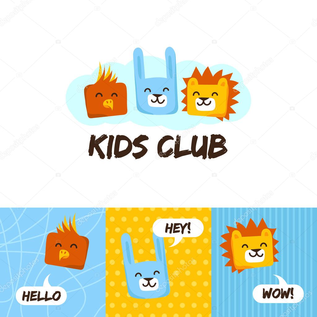 Kids club logo with animals. Cute kindergarten  and language school  sign.Parrot, rabbit and lion logo.