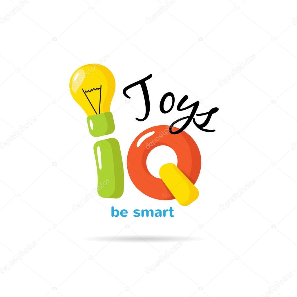 IQ toys creative logo with light bulb. Kids educational shop logotype. Children early development studio logo.