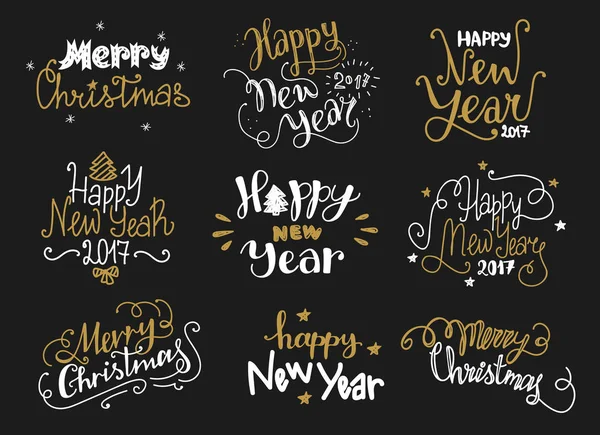 Feliz Año Nuevo y Feliz Navidad de oro dibujado a mano etiquetas de letras — Vector de stock