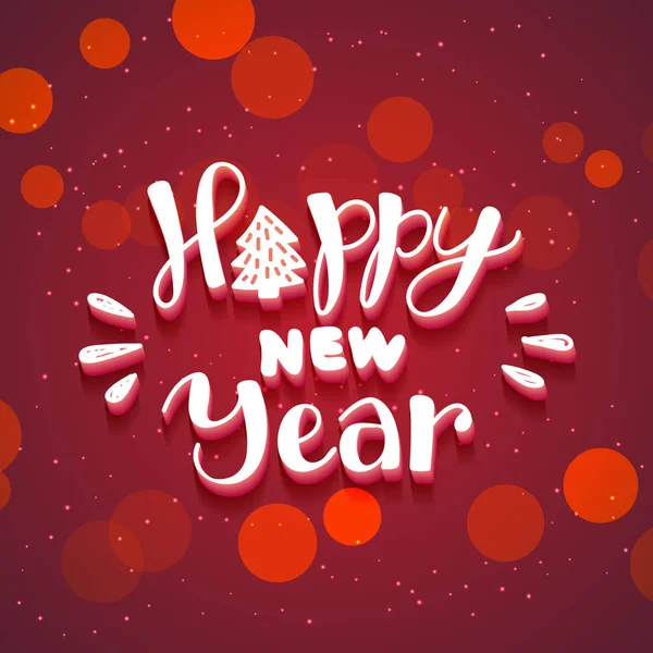 New Year hand drawn lettering on dark red vector background with sparkles — Stock Vector