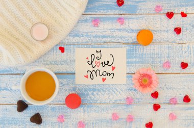 Vintage Sevgililer günü düz lay şablon aşk el yazı Not, çay bardağı / bir