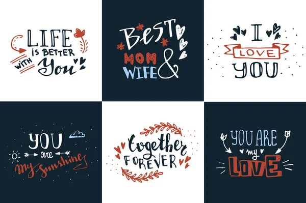 Ręcznie rysowane doodle szkic miłość cytaty wektor zestaw. Romantyczny pozdrowienia — Wektor stockowy