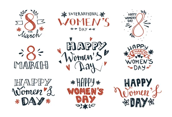 Handgezeichnete Beschriftungsetiketten zum Internationalen Frauentag entwerfen — Stockvektor