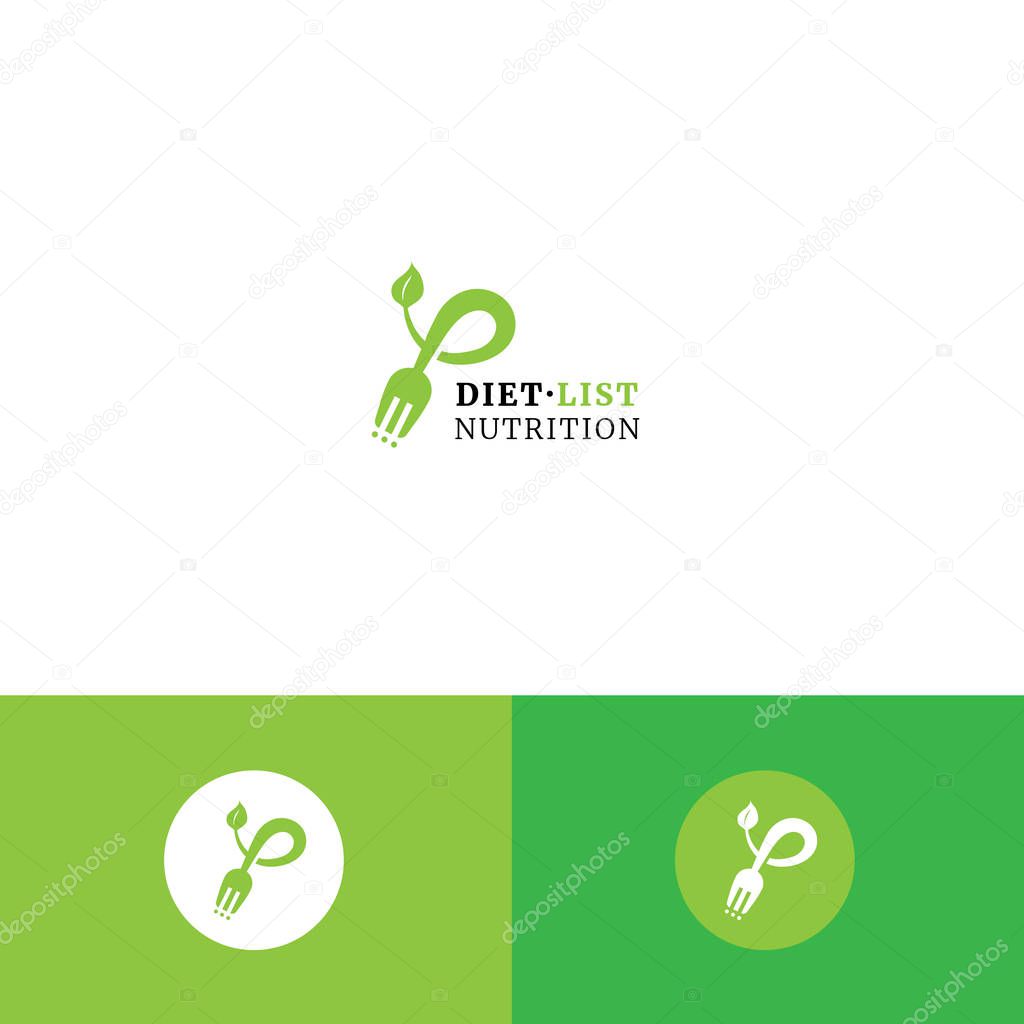 Cute fork, checklist and leaf organic logo. Diet nutrition eco shop and healthy eating consultation vector symbol