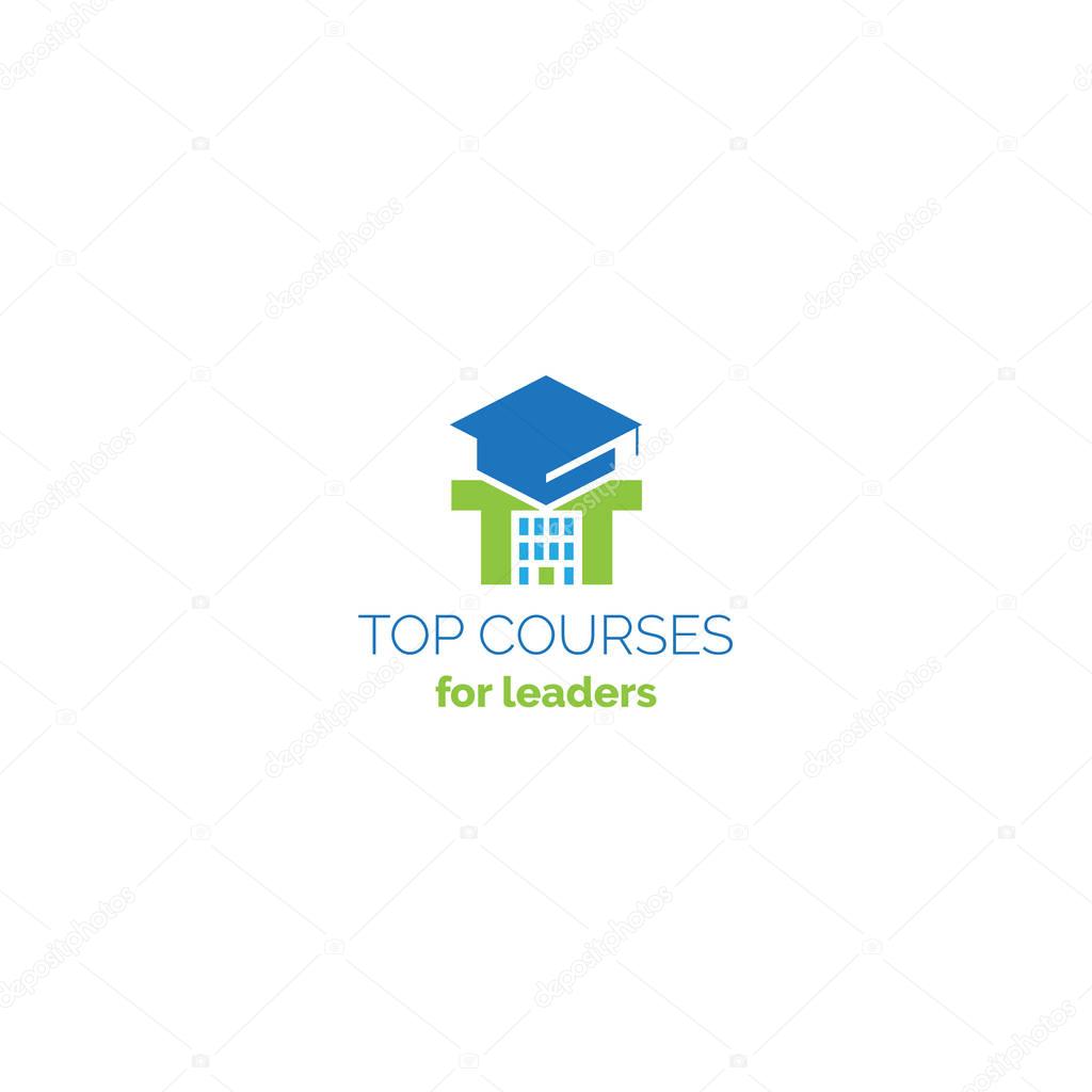 Education courses creative logo consist of university hat, pi symbol and school building in the negative space. Online classes vector sign