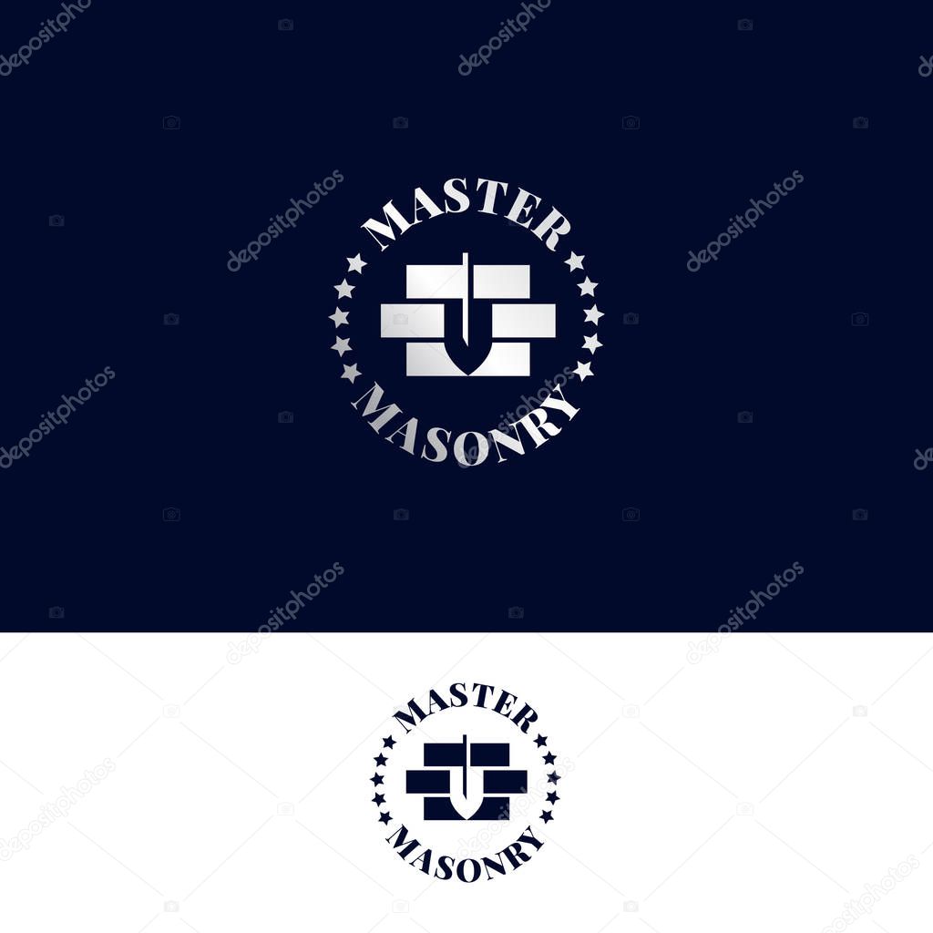 Logo for masonry master. Stonework company vector symbol with bricks and trowel in negative space