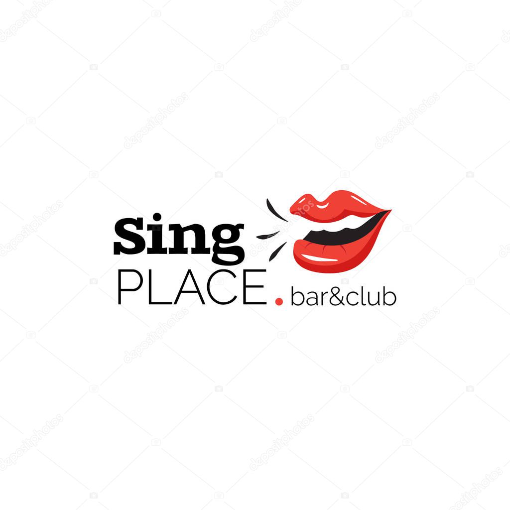 Logo with lips for bar and karaoke club. Singing lips cartoon vector illustration