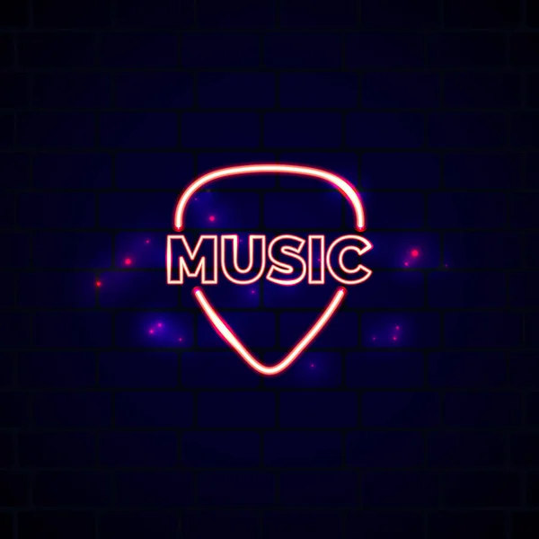 Panneau de magasin de musique néon avec plectre. Magasin de guitare flamboyant emblème vectoriel dans le style ligne . — Image vectorielle