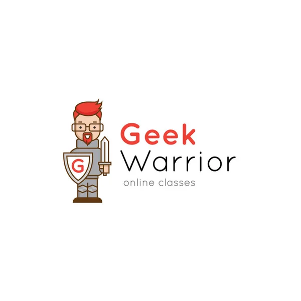 Cartoon geek guerriero logo. Studio di sviluppo e corsi online mascotte — Vettoriale Stock