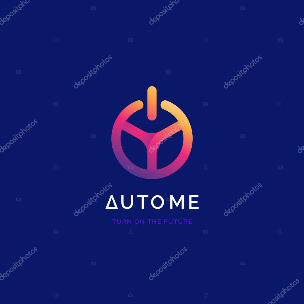 Steering wheel with power button logo. Driverless car symbol. Driving school logo.