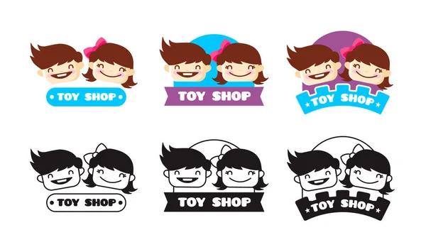 Logo de la tienda de juguetes de dibujos animados vectoriales. Lindo símbolo de tienda de niños con cabezas de niño y niña — Vector de stock