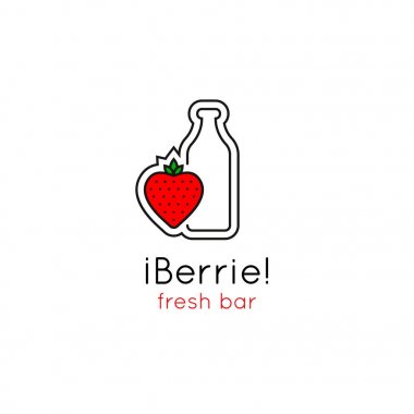 Minimalist logo bar güler yüzlü. Vektör çizgi stili amblemi ile strawberrie ve şişe.