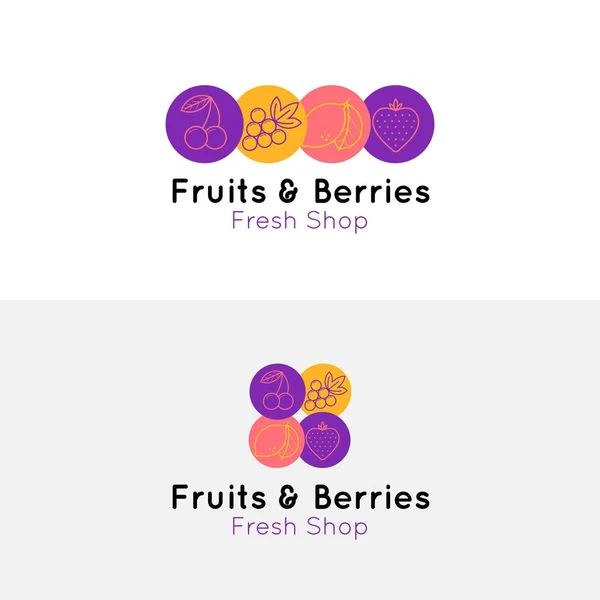 Fruit en bessen lijn stijl logo voor winkel en café. Vector embleem — Stockvector