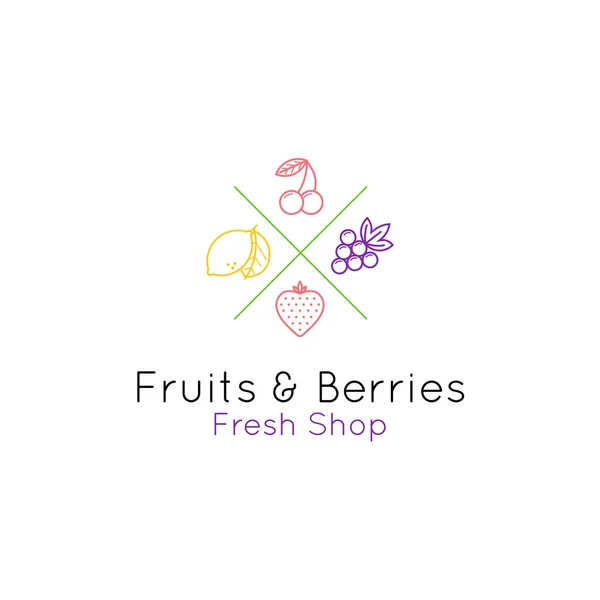 Gyümölcsök és bogyók line stílusú logo a bolt és a kávézó. Vektor jelkép — Stock Vector