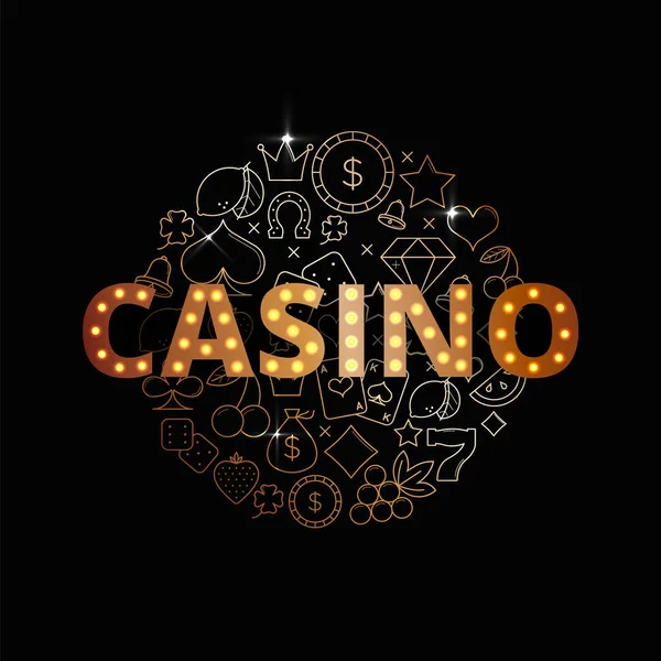 Conjunto de vetores de arte de linha de ícones, símbolos e itens do Casino. Design de banner de cassino premium. ilustração slot-máquina brilhante . —  Vetores de Stock