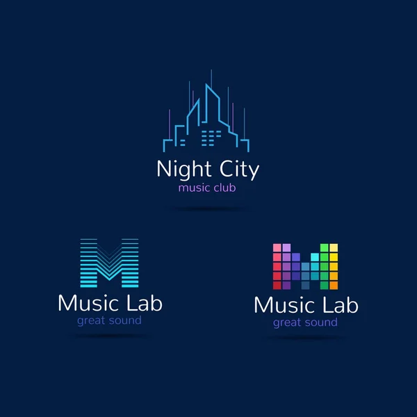 Music club logo templates. Creative equalizer music studio brand signs and night city sign. Vector music production logotypes set — Stock Vector