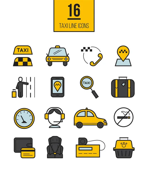Taksi app doğrusal simgeler kümesi. Vektör seyahat çizgi stili semboller koleksiyonu. — Stok Vektör