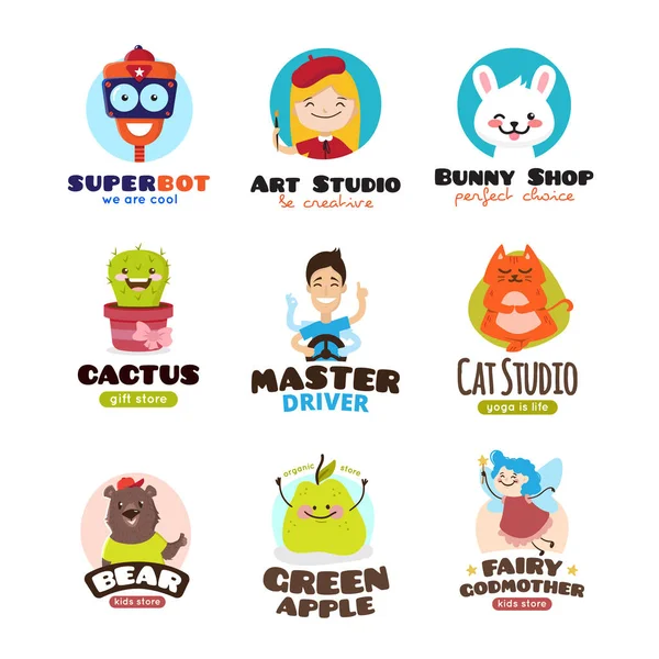 Conjunto de vetor de mascotes de desenhos animados. Modelos de design de logotipo infantil coleção engraçada —  Vetores de Stock