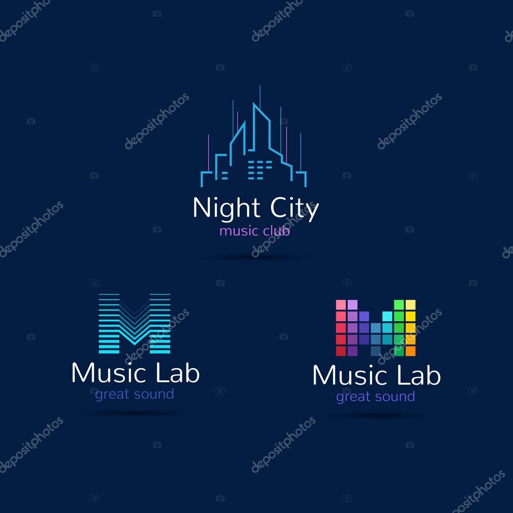Music club logo templates. Creative equalizer music studio brand signs and night city sign. Vector music production logotypes set