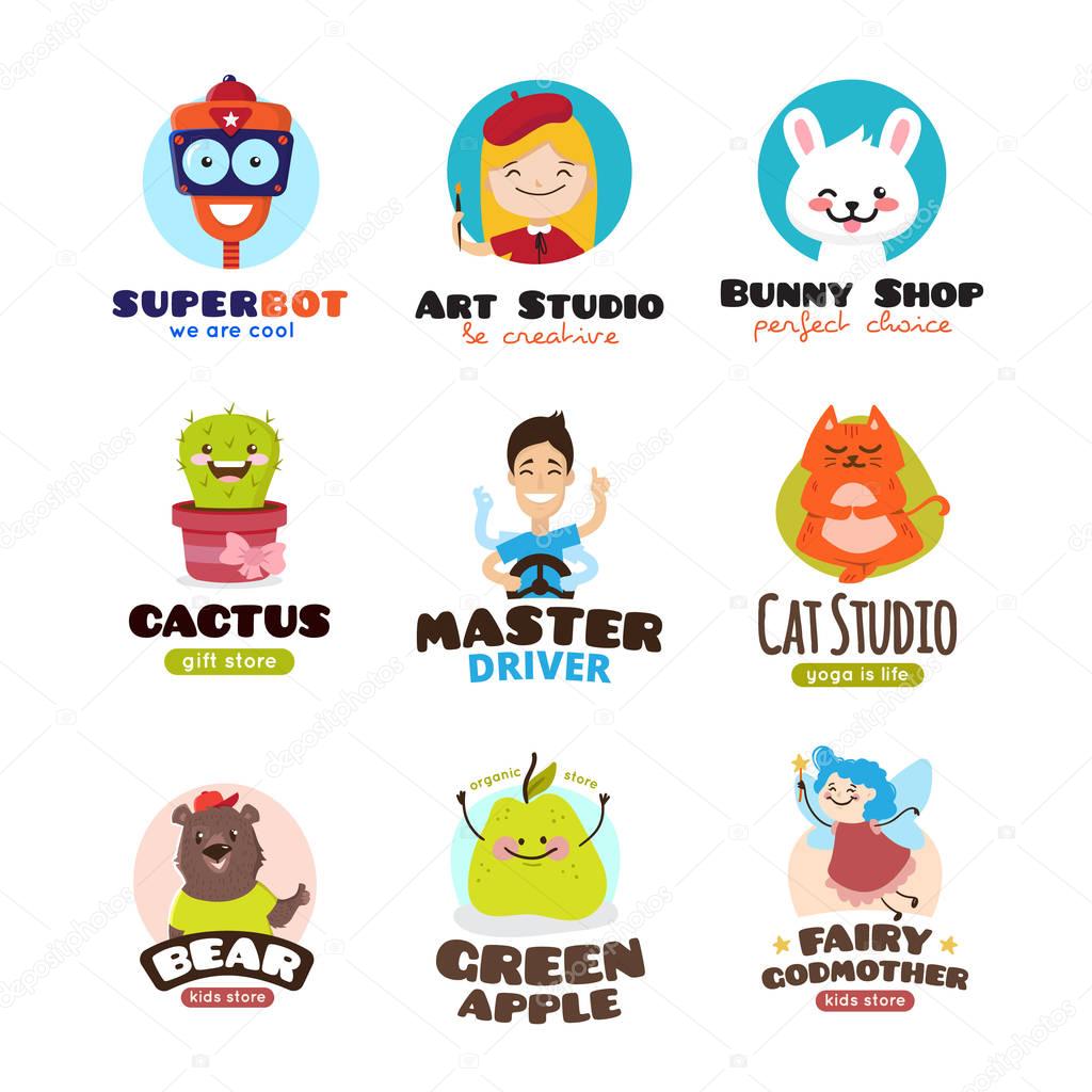 Cartoon mascots vector set. Kids logo design templates funny collection