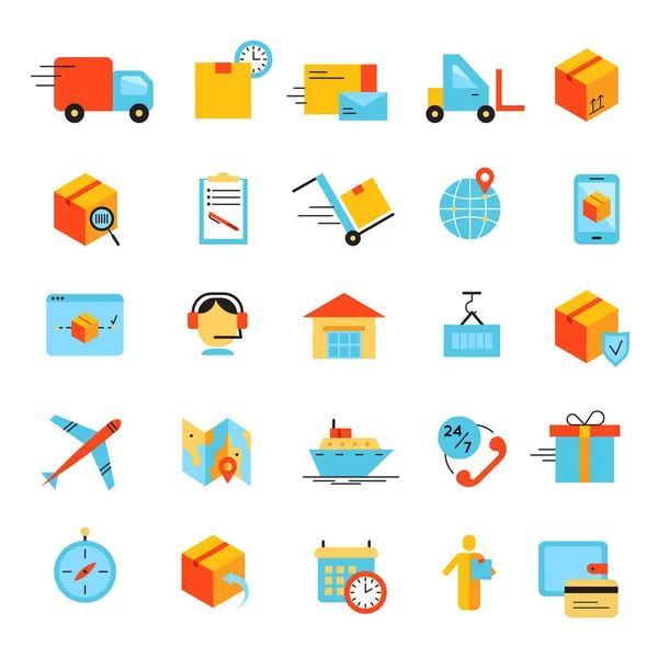 Delivery app modern flat icons set. Vector logistics bright symbols collection. — Stock Vector
