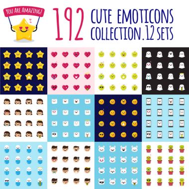 Vektör emoji büyük set. Komik çizgi emoticons. Yıldız, kalp, elma, hayalet, kız, tuvalet kağıdı, ay, telefon, hap, erkek, tavşan, kaktüs çıkartmaları