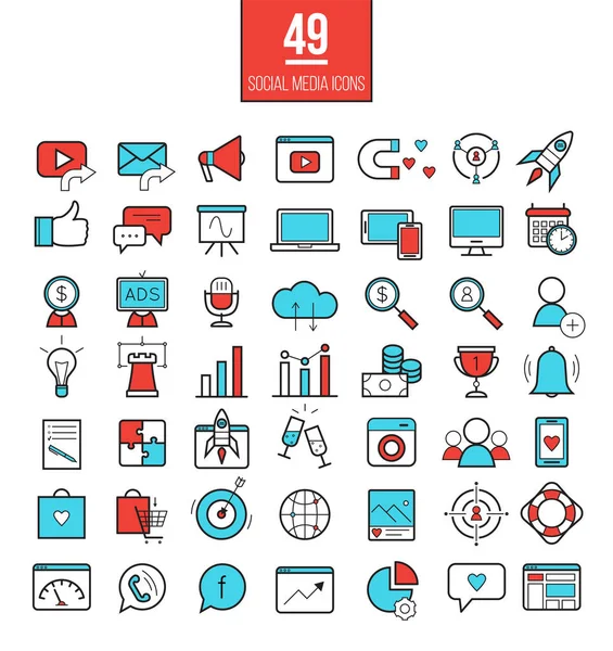 Conjunto de iconos de línea moderna de marketing en redes sociales. SMM símbolos vectoriales brillantes — Archivo Imágenes Vectoriales