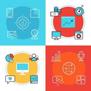 Sosyal medya pazarlama web afiş tasarım şablonları. SMM simgeler kompozisyon vektör