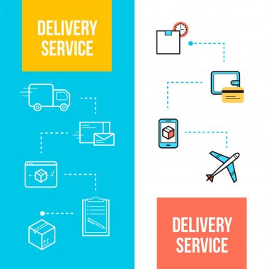 Dağıtım ve lojistik hizmeti web afiş tasarım şablonları. Besteleri ulaşım simgeler vektör