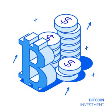 İzometrik bitcoin yatırım ve büyüme çizgi stili tasarım konsepti