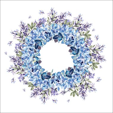 Güzel suluboya kağıdı ile lavanta çiçekleri ve ortanca. 