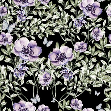 Lavanta ve anemon çiçekleri ile suluboya desen.