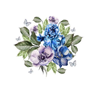 Güzel suluboya kağıdı ile çiçek anemon ve Iris. 