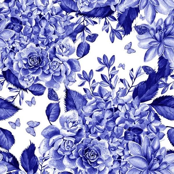 Motif aquarelle coloré avec hortensia fleurs et succulents  . — Photo