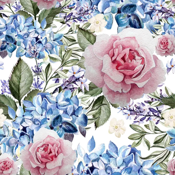 Motif aquarelle sans couture avec hortensia, roses et lavande . — Photo