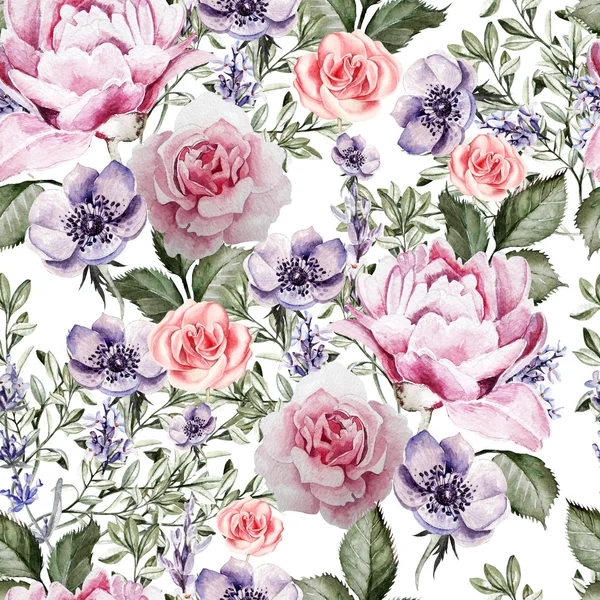 Watercolor pattern with the flowers of lavender and anemone, peony and roses. — Stock Photo, Image