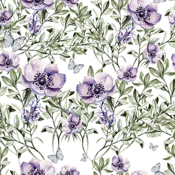 Watercolor pattern with the flowers of lavender and anemone. — Stock Photo, Image