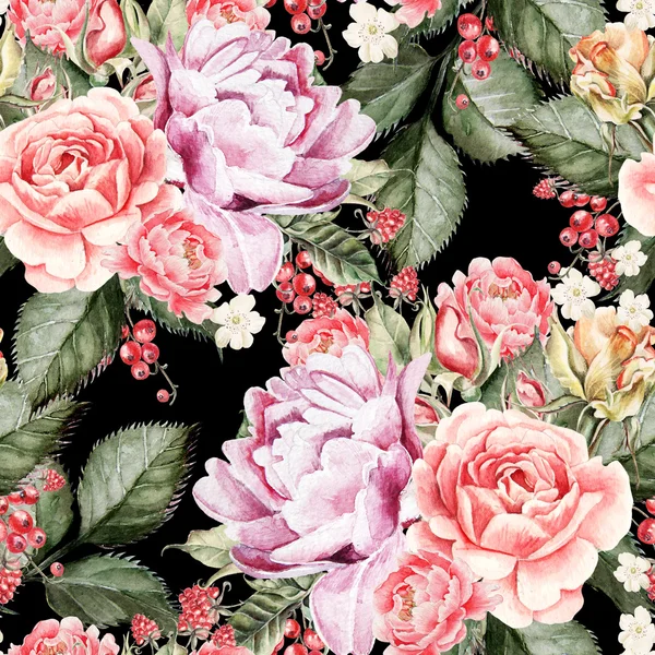 Watercolor pattern with peony flowers, roses and berry. — Stock Photo, Image