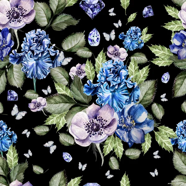 Hermoso patrón de acuarela de colores con flores iris, anémonas . —  Fotos de Stock