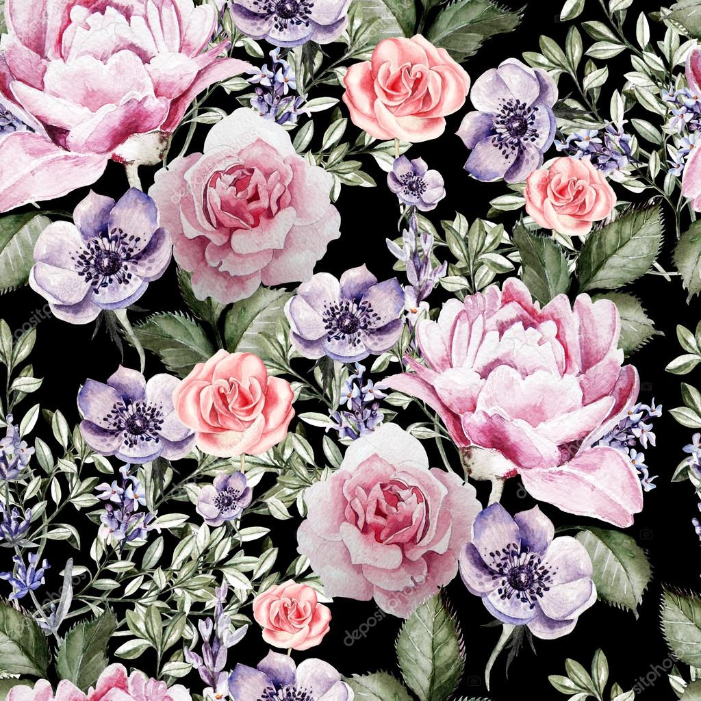 ラベンダーとアネモネ 牡丹とバラの花を水彩画のパターン ストック写真 C Knopazyzy