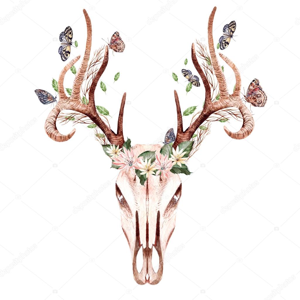 Beautiful Watercolor hand drawn floral with deer, butterfly and leaves. 